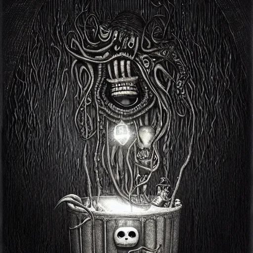 Image similar to lovecraftian mr bucket, surrounded by beams of light dark background by wayne barlow, stanley donwood, anton semenov, zdzislaw bekinski, hr giger, 8 k, fantasy, dark, highly detailed