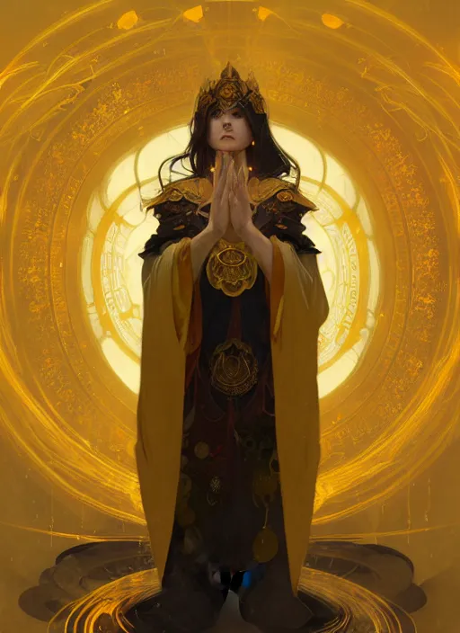 Prompt: a well endowed female mage wearing gold robes, intricate concept art, ethereal, enchanted, ominous, dramatic lighting, illuminated lines, dark background, 8 k, by ruan jia and krenz cushart and alphonse mucha