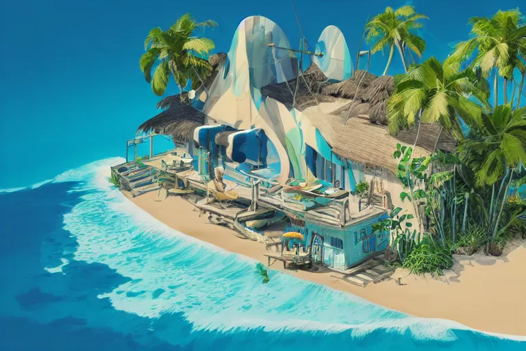 Image similar to a tropical beach cottage by paolo eleuteri serpieri and tomer hanuka and chesley bonestell and daniel merriam and tomokazu matsuyama, clearly defined outlines, unreal engine, high resolution render, featured on artstation, octane, 8 k, highly intricate details, vivid colors