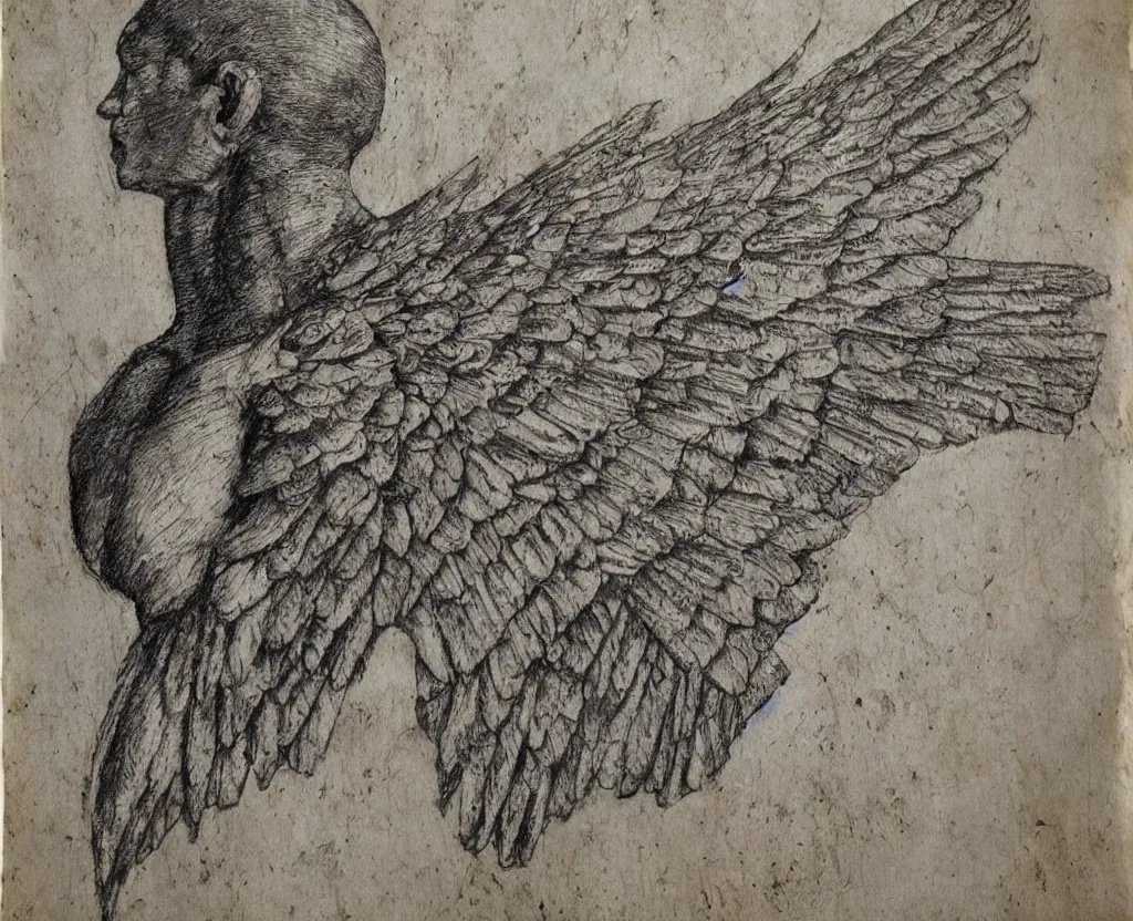 Prompt: ancient majestic, regal, humanoid creature, fantasy, angel wings, torso and head, bust, musculature, diagram, sketchbook, greys anatomy book, etching, intaglio, on old distressed parchment paper,