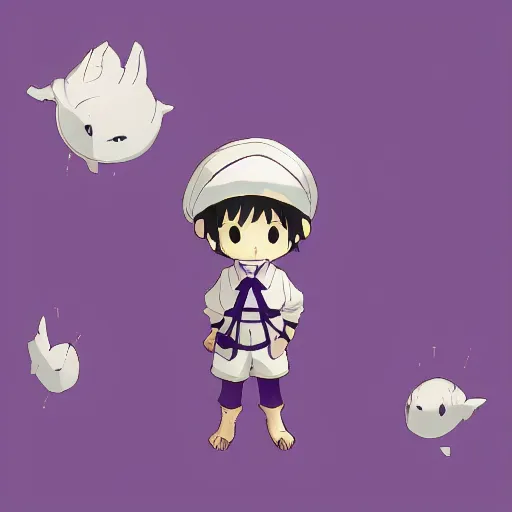 Image similar to cute little boy wearing an sailor suit, purple color palette, inspired in made in abyss and hirohiko araki, ray tracing