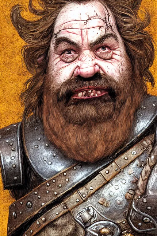 Image similar to head and shoulders portrait of a dwarf adventurer, jovial, scarred lip, grandfatherly, leather armor, male, tavern background, high fantasy, d & d, by klimt, face details, extremely detailed, digital illustration