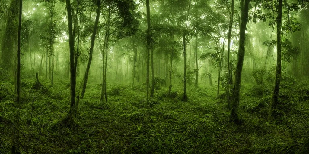 Image similar to ultra wide angle matte painting of a rainy, wet, very green congo forest, majestic!!! beautiful!!!, ethereal!!! ultra realistic, golden hour, volumetric lighting, sharp focus