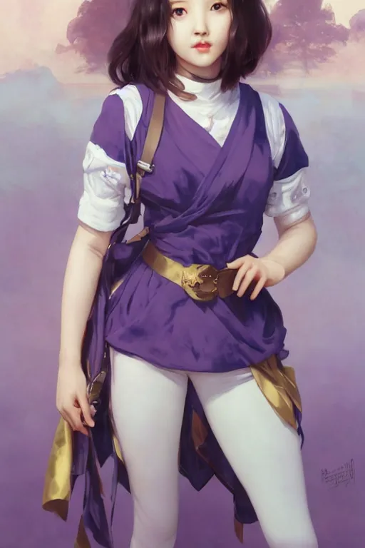 Image similar to Full View of Eunha from Viviz and gFriend with short hair wearing a purple military uniform and puffy silk shorts, white leggings, Golden Ribbon, and a billowy scarf. masterpiece 4k digital illustration by Ruan Jia and Mandy Jurgens and Artgerm and greg rutkowski and WLOP, award winning, Artstation, art nouveau aesthetic, Alphonse Mucha background, intricate details, realistic, panoramic view, Hyperdetailed, 8k resolution, intricate art nouveau