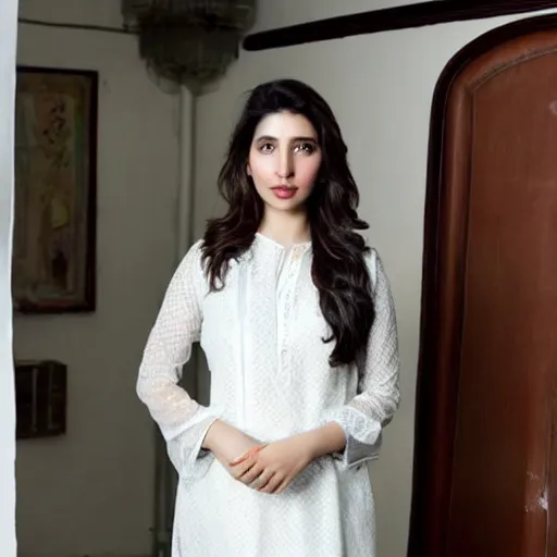 Image similar to Mahira Khan in white dress, studio lighting