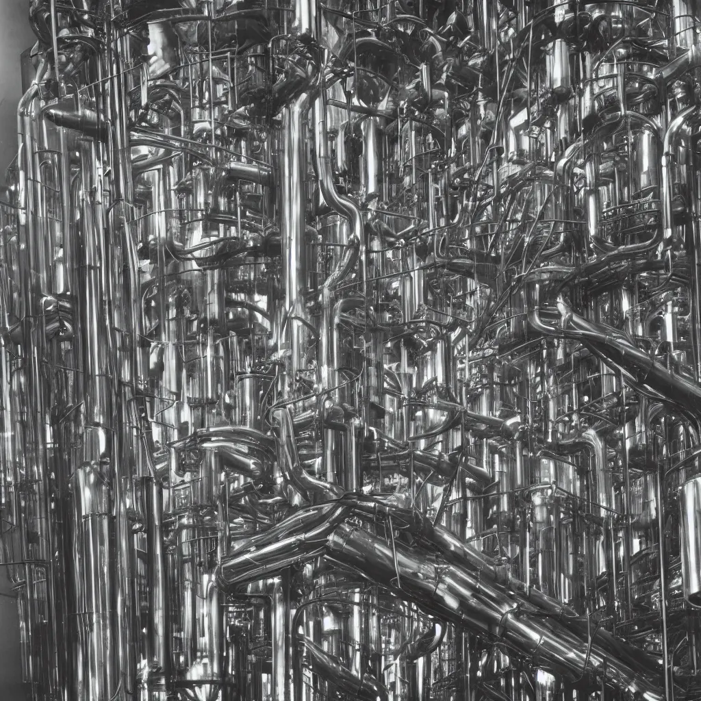 Image similar to A huge extraction machine with transparent pipes works the ground in dust and iridescent oil, close-up, Bernd and Hilla Becher