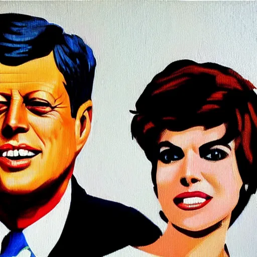 Prompt: oil painting of john f kennedy and lisa rinna in the style of roy lichtenstein