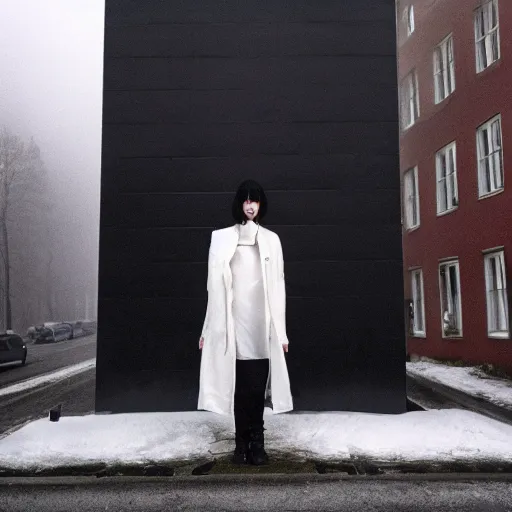 Prompt: a photograph of a tall white girl with black hair and bangs wearing a white winter jacket sitting in front of a building in Denmark smoking a cigarette, foggy weather, 35mm film shot, hd, 8k resolution, digital camera,