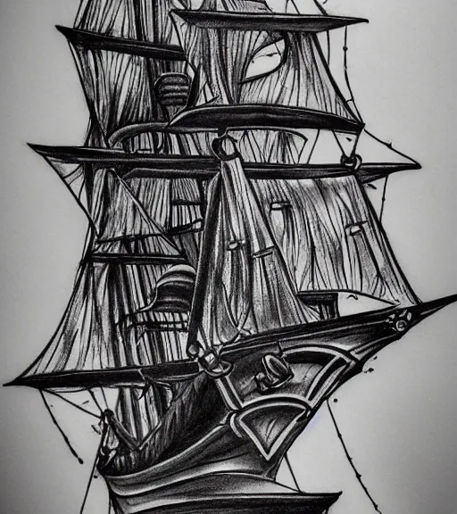 Image similar to A realism black and white tattoo design sketch of a pirate ship, highly detailed tattoo, shaded tattoo, hyper realistic tattoo