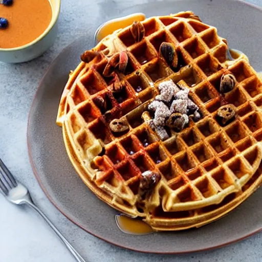 Prompt: waffles topped with roaches, cookbook photo