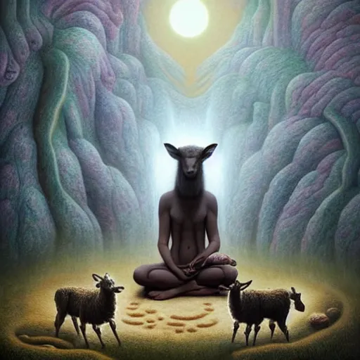 Prompt: an anthromorphic wolf sheppard with 2 sheep meditating in a zen garden with a waterfall under the blood moon, by Adi granov and afarin sajedi and amanda sage and evgeni gordiets and Agostino Arrivabene and adonna khare in a psychedelic portrait style, ultrarealistic matte painting, volumetric lighting, fractal, extremely symmetrical, highly detailed face, orisha, 8k, hd