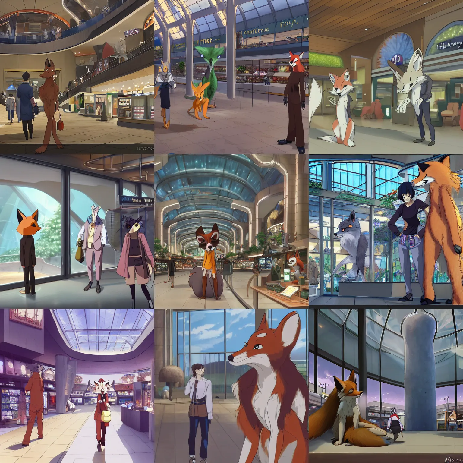 Prompt: an anthropomorphic natural furry ( fox ) shopping at a futuristic mall, photorealistic, anime, makoto shinkai, james gurney, don bluth, disney, hibbary, dark natasha, goldenwolf, furaffinity, commission