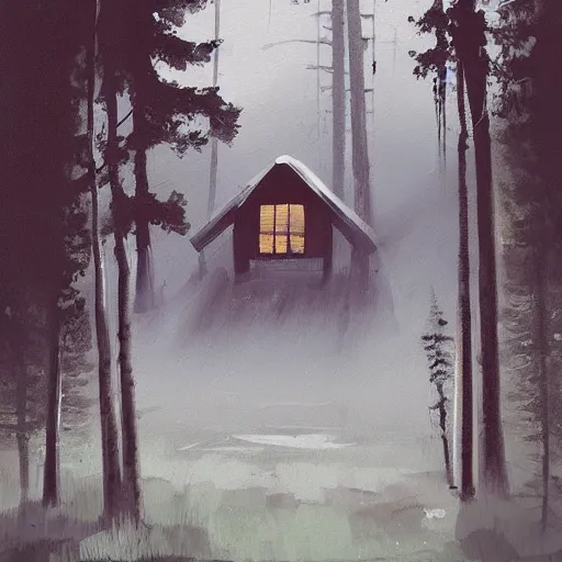 Prompt: a painting of a Eerie cabin in the middle of the woods in the style of Ismail Inceoglu