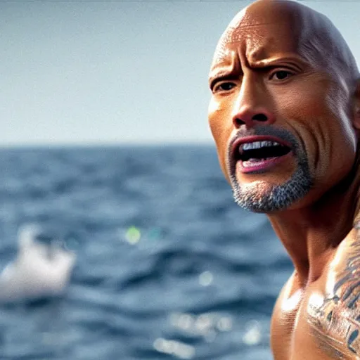 Prompt: close up cinematic still of Dwayne Johnson in JAWS