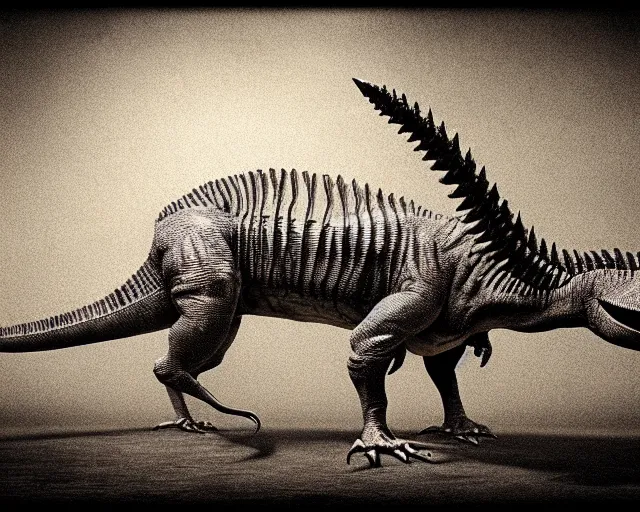 Prompt: hyper realistic vintage photograph of a real dinosaur, ultra detailed, grain, old, monochrome, sepia toned, realistic lighting, wide angle