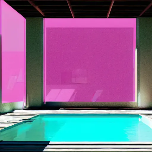 Image similar to a sunlit indoor lounge area with a pool with clear water and another pool with translucent pastel pink water, next to a big window, digital art