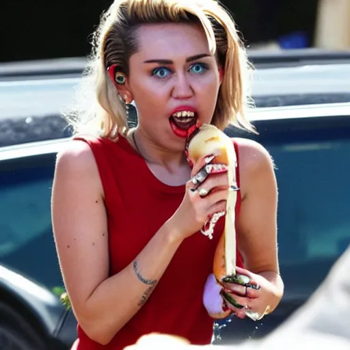 Prompt: Miley Cyrus eating a hotdog