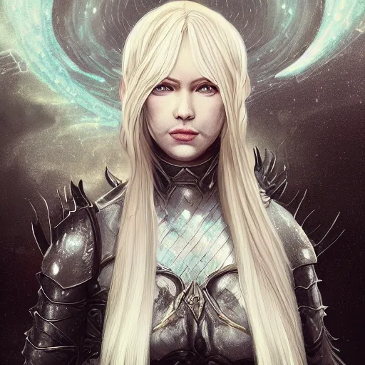 Prompt: an armored blonde - haired woman, aura of magic around her, gloomy atmosphere, trending on artstation, hyper detailed