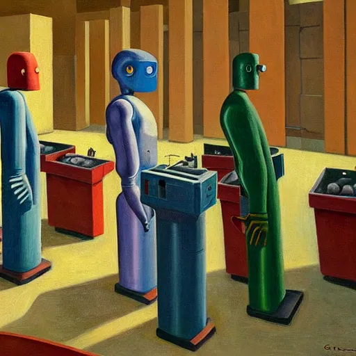Prompt: robots queue up for destruction in a trash compactor, grant wood, pj crook, edward hopper, oil on canvas