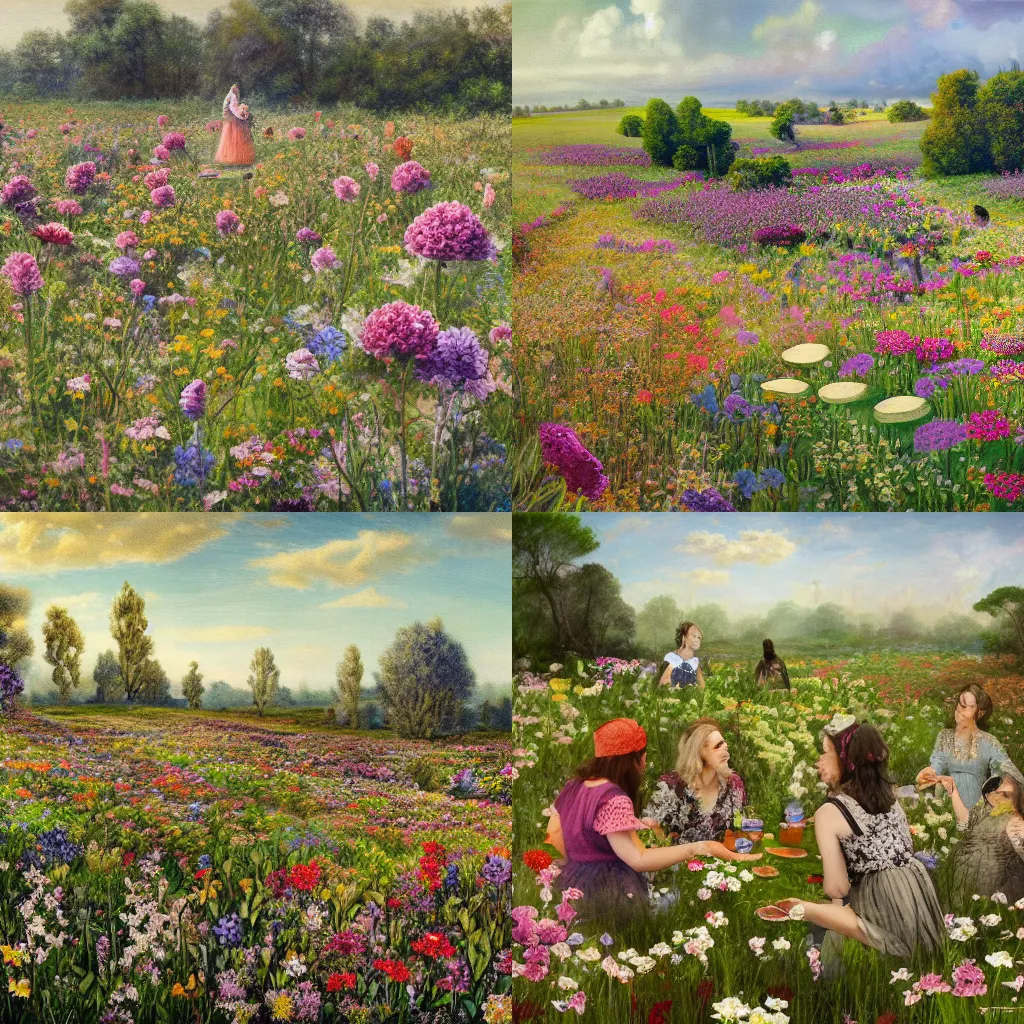 Prompt: a tea party in a field of flowers that ravages the landscape of an ancient civilization, hyperrealistic painting, 4k