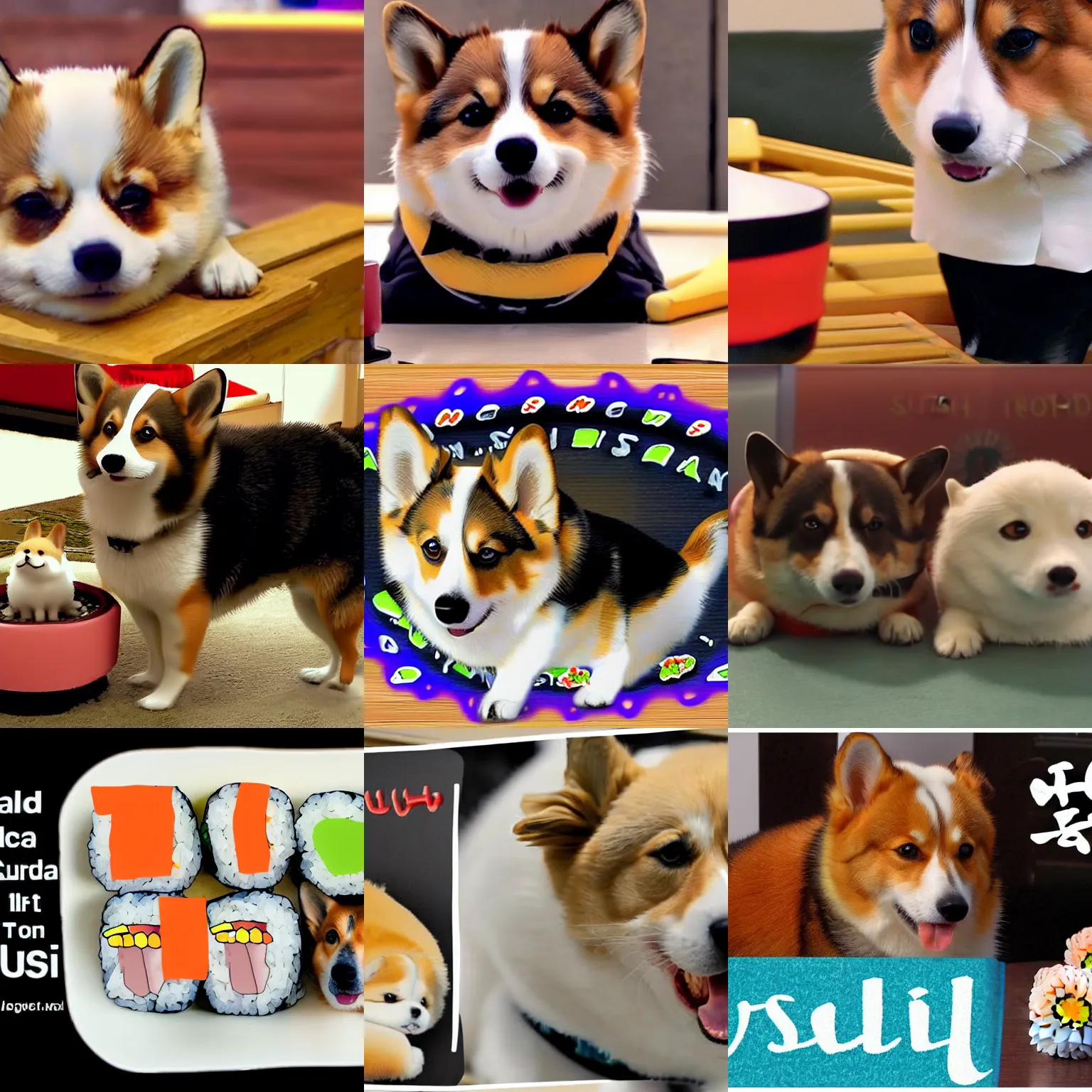 Prompt: YouTubeThumbnail for a video about california roll sushi dog kennel with a corgi inside