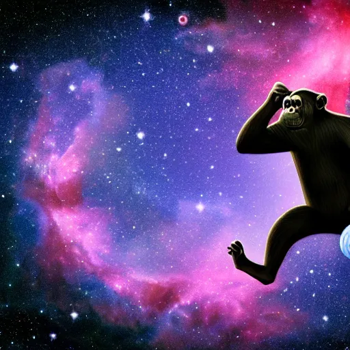 Prompt: A chimpanzee floating through outer-space, reaching out and touching a nebula with its finger, digital art, 8k