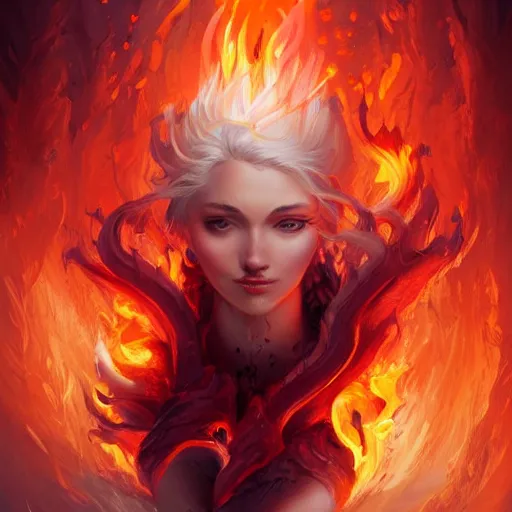 Image similar to a cute fire elemental, with fingers and hair turning into flames, fantasy, intricate, elegant, highly detailed, digital painting, artstation, concept art, wallpaper, smooth, sharp focus, illustration, art by artgerm and greg rutkowski