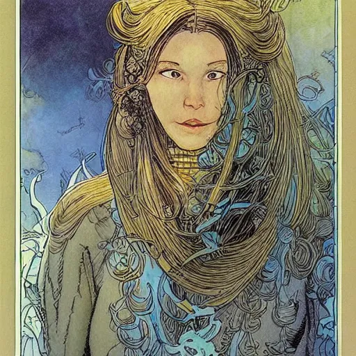 Image similar to a beautiful portrait of sanna!!!!! marin!!!!!, the young female prime minister of finland as a druidic wizard by rebecca guay, michael kaluta, charles vess and jean moebius giraud