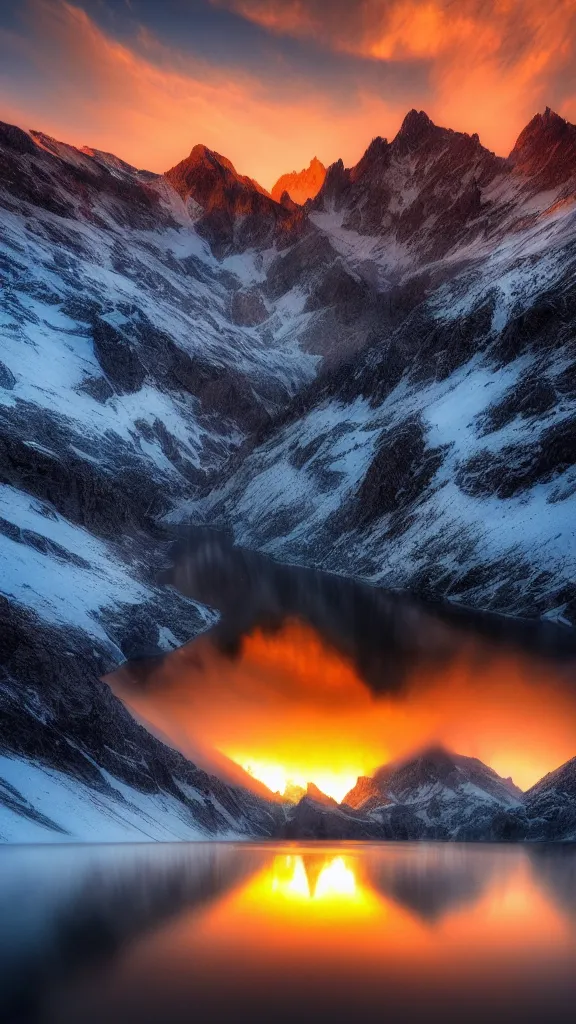 Image similar to amazing landscape photo of mountains with lake in sunset by marc adamus, beautiful dramatic lighting