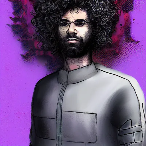 Prompt: a cyberpunk curly-haired persian guy, digital art, aesthetic