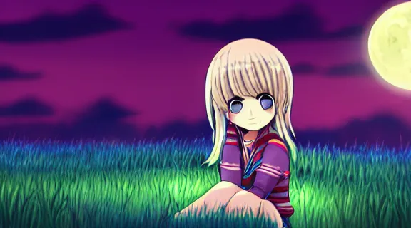 Image similar to Lucy Heartfilia sitting in a field of Clover | Big Moon at Night | GLOWING FLOWERS | strong blue rimlit | visual-key | anime illustration | highly detailed | in the style of Anmi