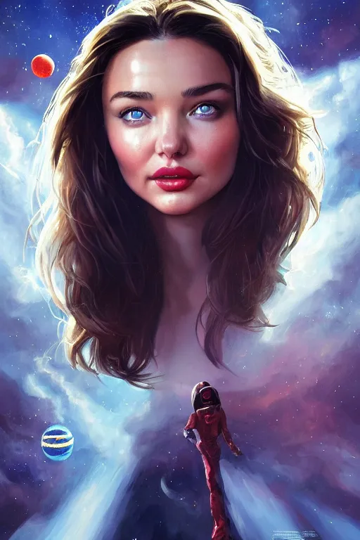 Image similar to movie poster of miranda kerr starting in a 80s horror movie, space themed, highly detailed, digital painting, artstation, concept art, smooth, sharp focus, illustration, art by artgerm and greg rutkowski