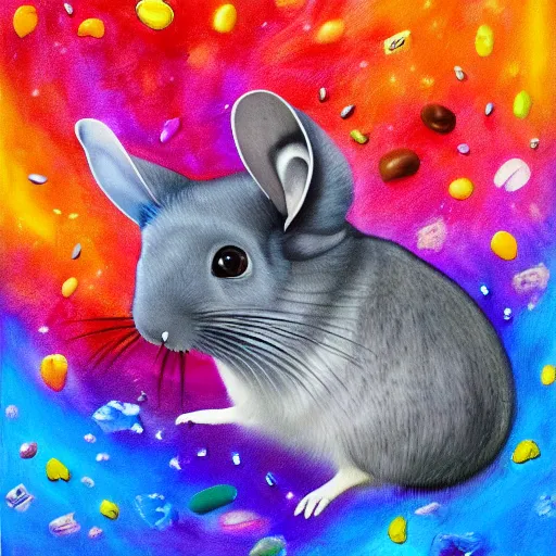 Prompt: oil painting of chinchilla with mean look in space with galaxy in background pooping rainbox jellybeans, rainbow jellybeans under chinchilla's tail