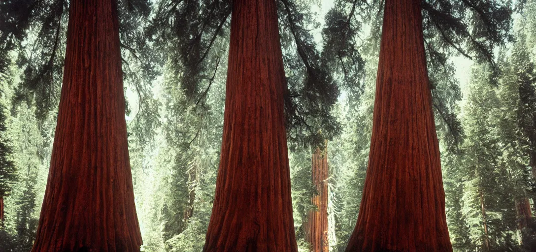 Image similar to house built into and inside a single giant sequoia. color photograph by jerry uelsmann. fujinon premista 1 9 - 4 5 mm t 2. 9. portra 8 0 0.