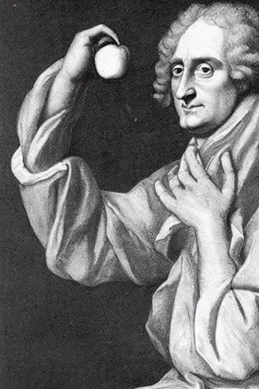 Image similar to isaac newton holding an apple, collage