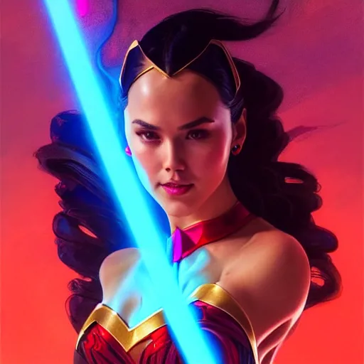 Image similar to catriona gray as darna, volumetric lights, red and cyan theme, art nouveau botanicals, intricate, highly detailed, digital painting, artstation, concept art, smooth, sharp focus, cinematic, illustration, beautiful face, art by artgerm and greg rutkowski and alphonse mucha