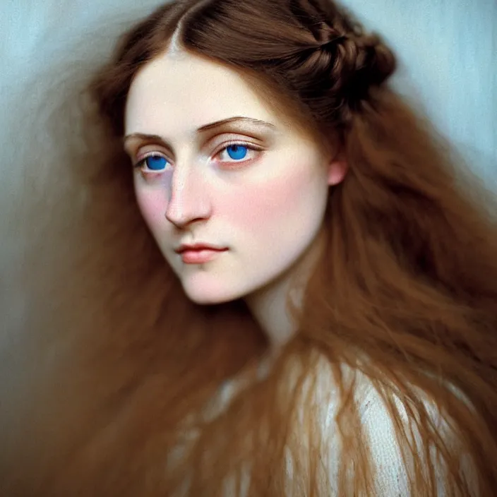 Image similar to Kodak Portra 400, 8K, soft light, volumetric lighting, highly detailed, britt marling style 3/4, view from above of close-up portrait photo of a beautiful woman, pre-Raphaelites painter, Huge blue eyes, with velvety brown lashes. girlish woman who looks extremely fragile and sickly, like a neurasthenic Victorian maiden. Hair is light brown in long curls; skin is pale. Pretty in a frivolous, invalid way. Gives the impression of being slight. , Realistic, Refined, Highly Detailed, natural outdoor soft pastel lighting colors scheme, outdoor fine art photography, Hyper realistic, photo realistic,warm lighting,