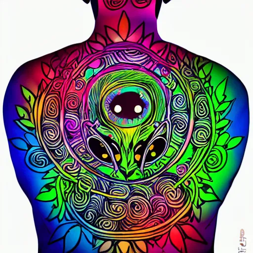 Prompt: shoulder back tattoo of a multicolored cute bush baby with headphones scratching on a dj desk, eyes are colorful spirals, surrounded with colorful magic mushrooms and rainbowcolored marihuana leaves, insanely integrate