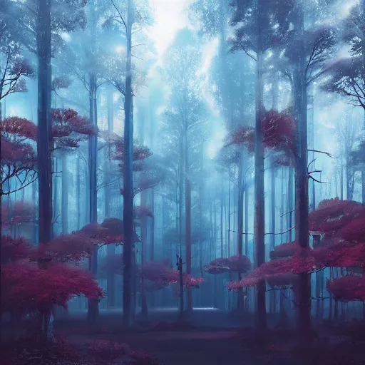 Prompt: red forest liminal space, artgerm, rutkowski, tooth wu, beeple, and intricate