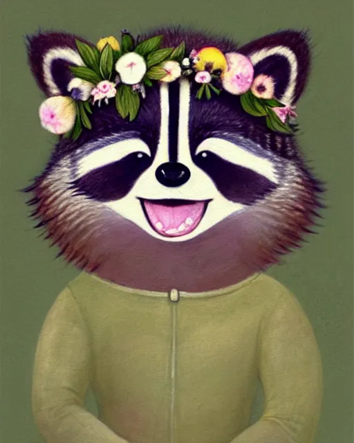 Prompt: a watecolor painting of a smiling happy cute raccoon wearing a detailed flower crown, by antoine de saint - exupery and annabel kidston and naomi okubo and jean - baptiste monge. a child storybook illustration, muted colors, soft colors, low saturation, fine lines, white paper