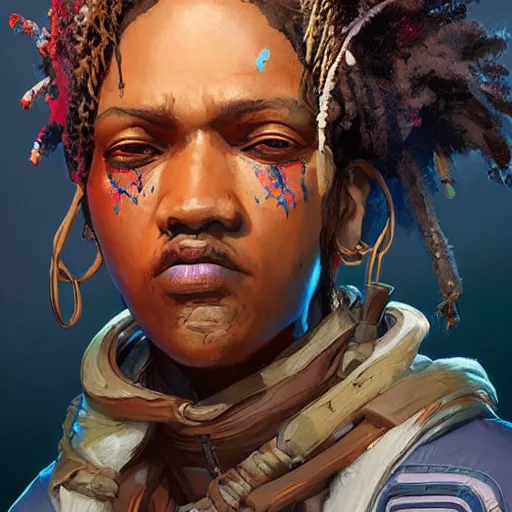 Image similar to obatala, Apex Legends character digital illustration portrait design, by android jones, detailed, cinematic lighting, wide angle action dynamic portrait