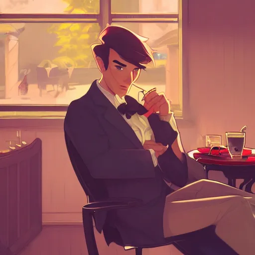 Image similar to a weasel in a suit was drinking tea, surrounded by tea houses ambient lighting, 4 k, lois van baarle, ilya kuvshinov, rossdraws, alphonse mucha, jung gi kim, artstation