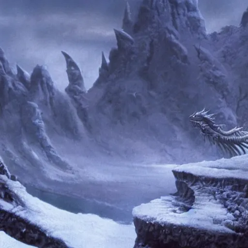 Image similar to dead blue dragon, in the snow, ethereal, matte painting, still from the movie, high fantasy,