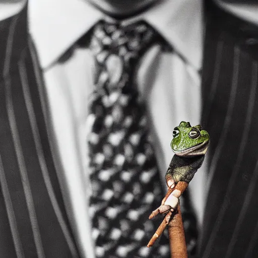 Image similar to a high detail closeup photograph of a 🐸 wearing a suit 👔,and smoking a cigarrette🚬, award wining photograph