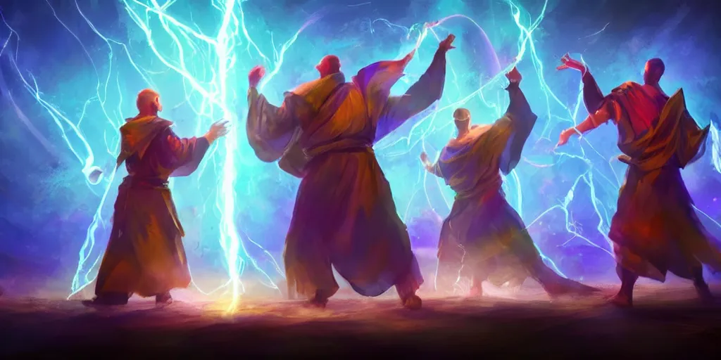 Image similar to brother mages, they are in front of a desk working on a new spell that is casting out flowing energy, colorful, flowing energy, light rays, medium shot, waist up, sharp, concept art, highly detailed, bloom, dramatic lighting, cinematic, by dreamworks