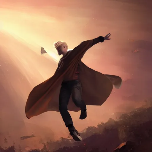 Image similar to blonde boy with golden eyes wearing a brown cape and flying in t pose, space background, greg rutkowski