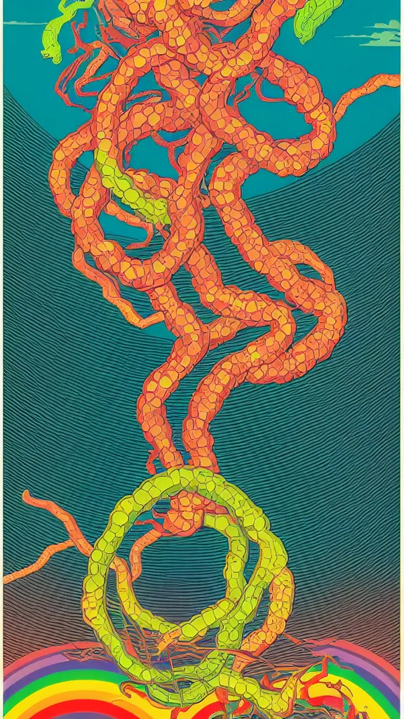 Image similar to a portrait of a lernaean hydra with human heads on an acid trip in a multicoloured rainbow in the cosmos, flat design, screen print by Kawase Hasui and dan hillier, 8k unreal engine