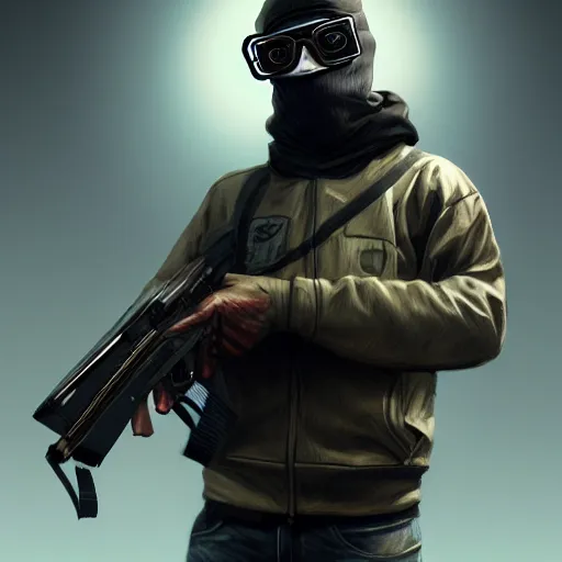 Prompt: Masked Terrorist with sci-fi glasses from Counter-Strike as a GTA character, by Cedric Peyravernay, highly detailed, hyperrealism, excellent composition, cinematic concept art, dramatic lighting, trending on ArtStation