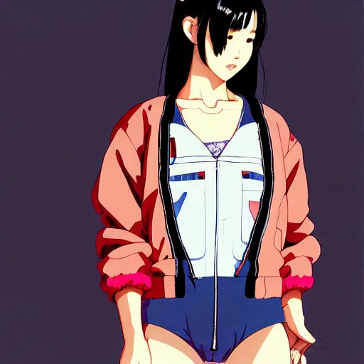 Image similar to a beautiful japanese natalie portman gravure model, wearing oversized native designer bomber jacket and leotard with overalls, bulky poofy bomber jacket with mesoamerican patterns, mesoamerican native street fashion, gapmoe yandere grimdark, trending on pixiv fanbox, painted by greg rutkowski makoto shinkai takashi takeuchi studio ghibli, akihiko yoshida