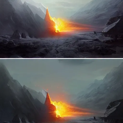 Prompt: an nuclear explosion in blizzardy mountains, Matte painting , detailed painting, greg rutkowski